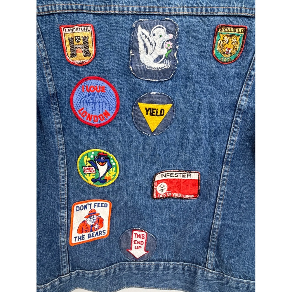 Vintage Denim Trucker Jacket Custom Mens Medium Patchwork One of a Kind - Picture 6 of 11